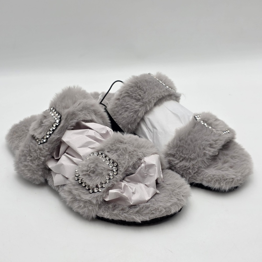 Express Women's M Flat Heel Slide Slippers Faux Fur Gray Ringstone $48 NWT